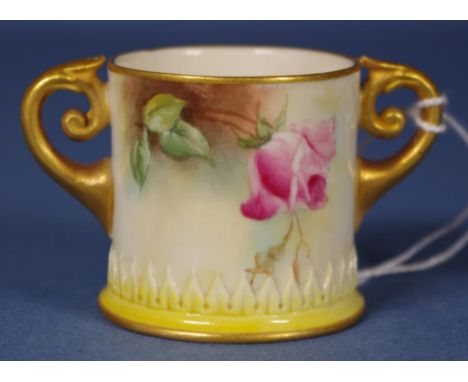 Antique Royal Worcester miniature loving cup hand  painted floral decoration. Marked 282 to base. Circa 1903. H4cms approx.