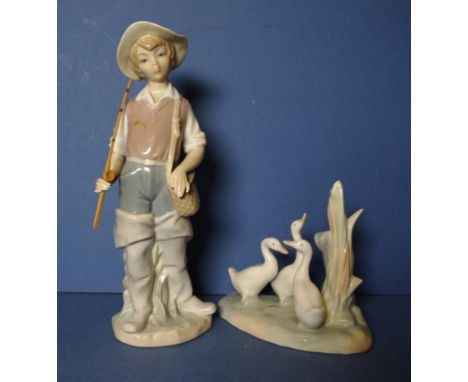 Lladro fisherman figure together with Nao geese figure. H22cms approx (fisherman).