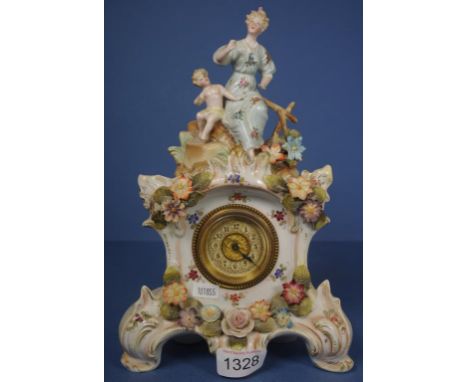 European porcelain figural cased shelf clock H28cm approx (as inspected)