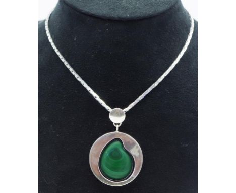 Sterling silver & malachite pendant on silver chain, both marked 925