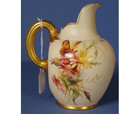 Antique Royal Worcester ewer vase hand painted floral decoration, gilded handle. Marked Rd No 29115 and 1094 to base. H14cms 