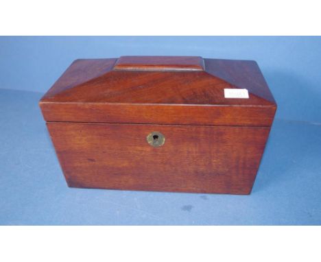 Georgian mahogany tea caddy sarcophagus shape. No interior fittings. L21cms approx.