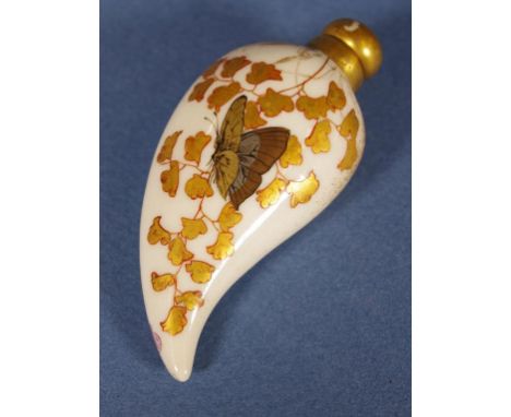 Rare antique Royal Worcester perfume bottle hand painted and gilded butterfly decoration. Circular Royal Worcester mark to po