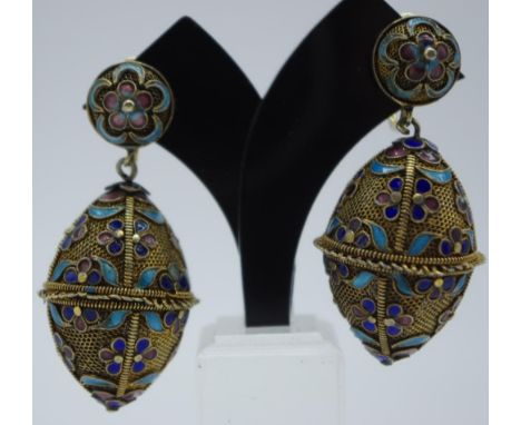 Pair of Chinese export silver and enamel earrings with egg drop secret pill box compartment