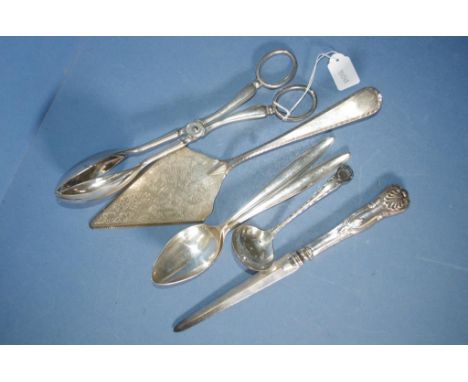 Six pieces silver plated cutlery including cake slice, ladle, pair tongs, 2 matching serving spoons, & letter opener.