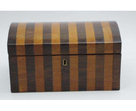 Early Victorian dome top rosewood tea caddy with satinwood stripes to top and front, 20cm wide, 11cm high approx