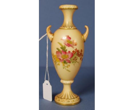 Royal Worcester blush ivory violet vase dual handled. Rd No 338392 & 2049 to base. Circa 1900. H16cms approx.