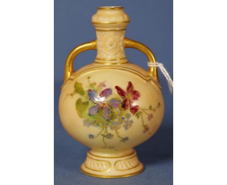 Royal Worcester blush ivory violet pot dual handles. Flower decoration. Circa 1907. Stamped Rd No 14192 & 1034 to base. H9cms