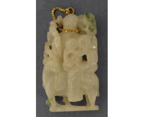 Chinese carved white jade figure carved figures, with gold chain attachment for use as a pendant. H5.5cms approx.