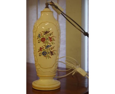 Spode floral decorated electric table lamp base Floral decorated in 2 cartouche, with embossed floral decoration to other 2 s