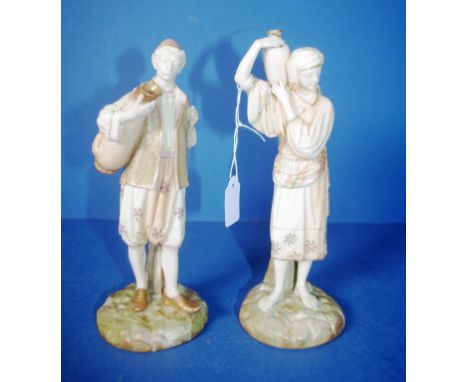 Pair Victorian Royal Worcester figures Man & Woman Water Carriers. Marked to bases. Circa 1897. H21cms approx (each).