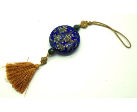 Good Chinese floral enamel toggle with green stone beads and tassle,