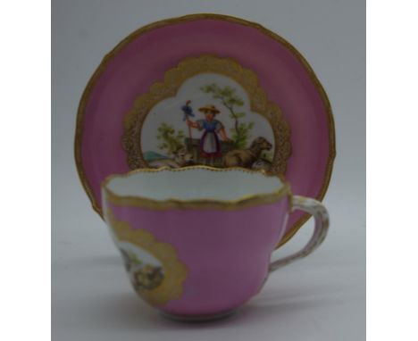 Antique Meissen hand painted cup and saucer with blue crossed swords mark, 13.6cm diameter