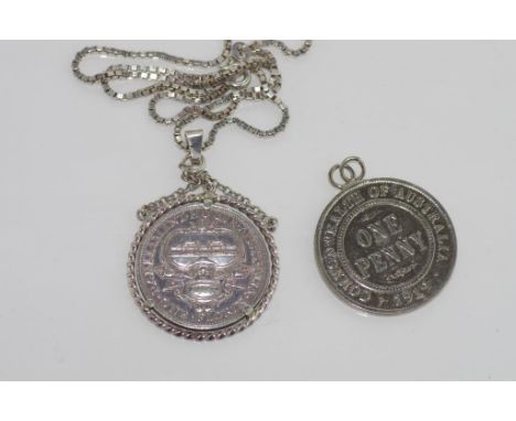 Australian silver 1927 florin pendant on a silver box chain with a silver plated penny pendant