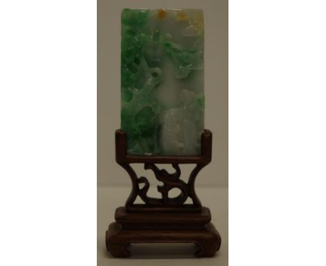 Chinese carved jade miniature screen jade carved with figures in a garden scene to both sides. On carved fitted wood stand. H