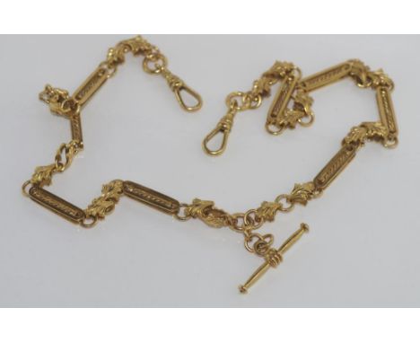 9ct yellow gold fancy link fob chain with t-bar weight: approx 34.4 grams, size: approx 49cm length, valuation available