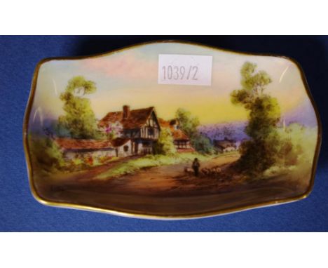 Early Royal Worcester signed miniature dish hand painted decoration "Cropthorne," signed Charlie Creese. Dated 1936. L10.5cms