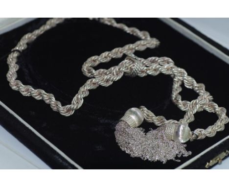 Cased heavy Mexican silver rope twist chain with tassels, marked Villasan (925), 84cm in length, approx 193 grams, copy of va