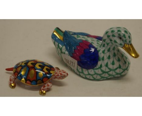 Two various Herend porcelain animal figures including duck & tortoise. Both with marks to base. H5.5cms approx (duck).