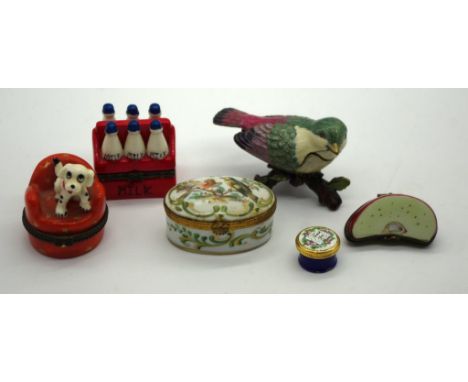 Six various porcelain & enamel boxes including Limoges and a enamel brass bird box 9cm wide approx