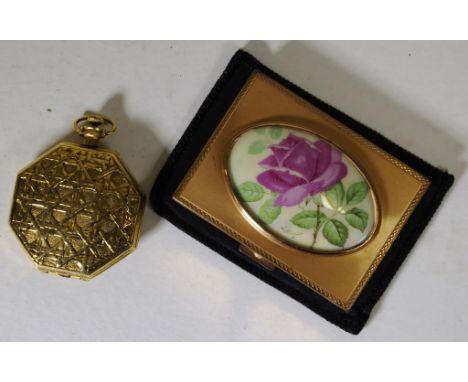 Vintage hand painted floral compact together with a vintage Max Factor pendant compact