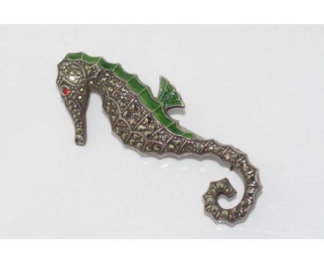 Marcasite & enamel seahorse brooch
