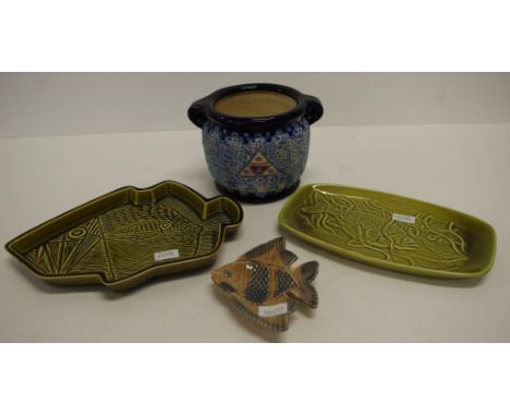 Two various pieces Poole porcelain including fish shaped dish, & 1 other dish with fish decoration; together with Amphora dua