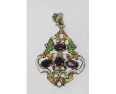 Large silver, enamel and garnet pendant size: 6.5cm including bale