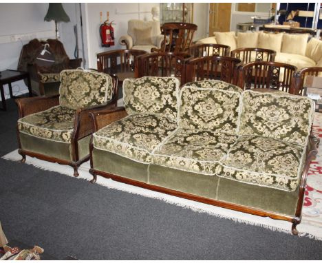 Art Deco 1920/30's walnut &amp; burr walnut bergere 3 piece suite, to include a 3 seater settee and 2 arm chairs with green u