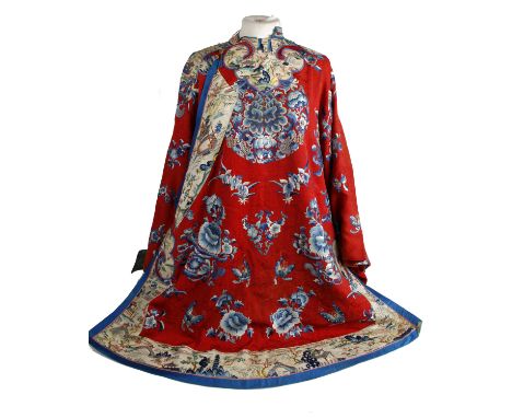 Japanese Vintage Silk Kimono. Red ground with hand stitched floral decoration lined in green silk. Size unknown. 