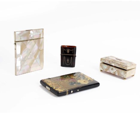 A mother of pearl casket shaped box together with a mother of pearl card case, a lacquer work card case and a tortoise shell 