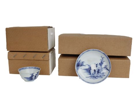  Ch'ing Dynasty blue and white export porcelain, part of the Nanking cargo. Six pagoda riverscape tea bowls and saucers. 