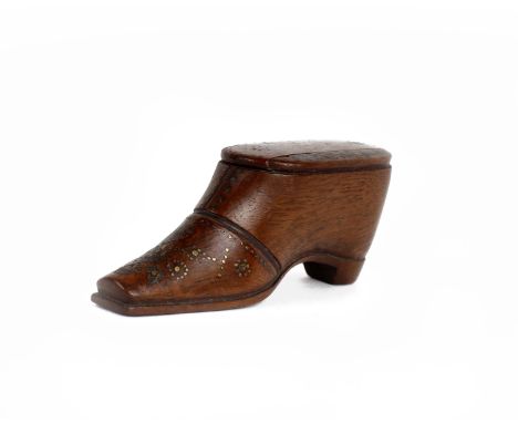 Georgian Snuff Box in the Form of a Shoe with Brass Pique Work and Sliding Lid 