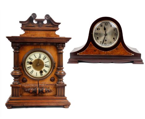 An early 20th century Walnut Mantle clock with 8 day movement together with an early/mid 20th century dome shaped inlaid mant