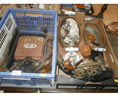 2 boxes inc. Vintage tools, copper tureens , pipe etc