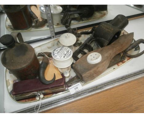 Tray of collectables inc pie funnel, button hook and a press