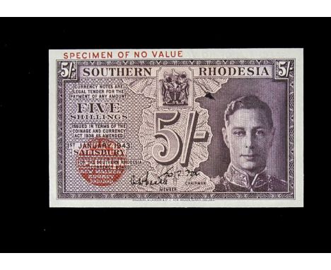 Specimen Bank Note:  Southern Rhodesia specimen 5 Shillings, dated 1943, two signatures, no serial number, red BRADBURY WILKI