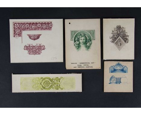 A collection of various hand drawn design elements, including borders, lettering, portraits and other elements of bank note d