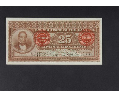 Specimen Bank Note:  Greece specimen 25 Drachmai, dated 1923, two signatures, no serial number, two 'CANCELLED' perforations 