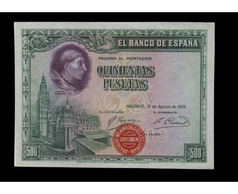 Specimen Bank Note:  Spain specimen 500 Pesetas, dated 1928, issued by El Banco De Espana, two signatures, no serial number, 