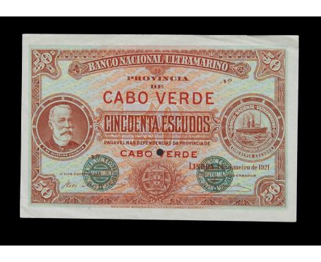 Specimen Bank Note:  National Bank Ultramarino specimen 50 Escudos, dated 1921, issued by Banco Nacional Ultramarino, two sig