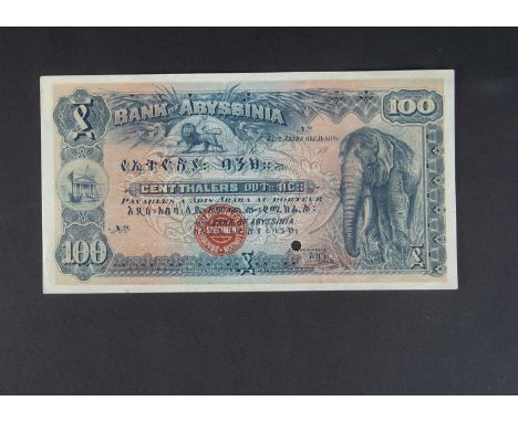 Specimen Bank Note:  Abyssinia specimen 100 Thalers,  circa 1929, no signature, no serial numbers, red Bradbury Wilkinson SPE