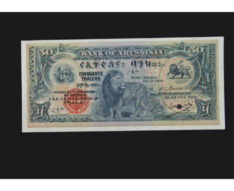 Specimen Bank Note:  Abyssinia specimen 50 Thalers,  dated 1929, one signature, no serial numbers, red Bradbury Wilkinson SPE