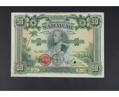 Specimen Bank Note:  The Government of Sarawak specimen 50 Dollars, dated 1929, one signature, no serial number, red BRADBURY