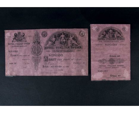 A Pair of Royal Italian Opera Covent Garden tickets, dated 1869, including a stall seat ticket measuring 14cms x 9.8cms, and 