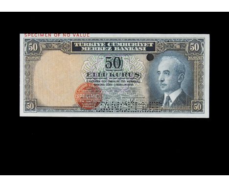 Specimen Bank Note:  Turkey specimen 50 Kurus, circa 1930, issued by Turkiye Cumhuriyet Merkez Bankasi, one signature, no ser