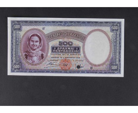 Specimen Bank Note:  Greece specimen 500 Drachmai, dated 1939, two signatures, no serial number but a 'B' prefix, red Bradbur