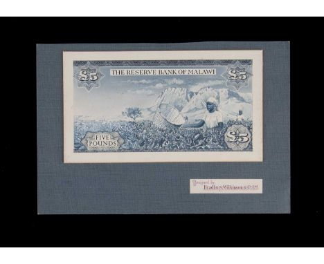 Malawi, an important and stunning original  hand drawn design essay for the reverse of the 1964 £5 circulation note, produced