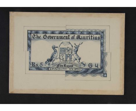 The Government of Mauritius, an important, original hand drawn design essay for the reverse of the 1954 circulation 5 rupees 