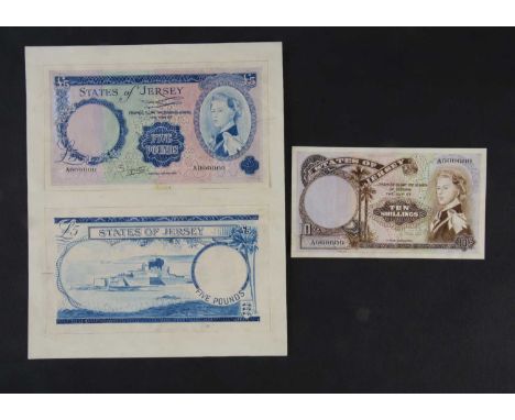 States of Jersey, a stunning pair of hand drawn early stage design essays for the face and reverse of a £5 note, circa 1960, 